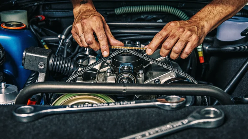 Illustration: Einbau eines Zahnriemens an einem freigelegten Motor mit Werkzeug daneben