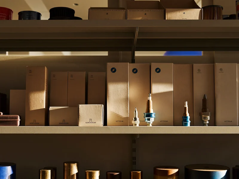 Illustration: Regale mit neutral verpackten Filtern, Zündkerzen und Dichtungen im Teilelager